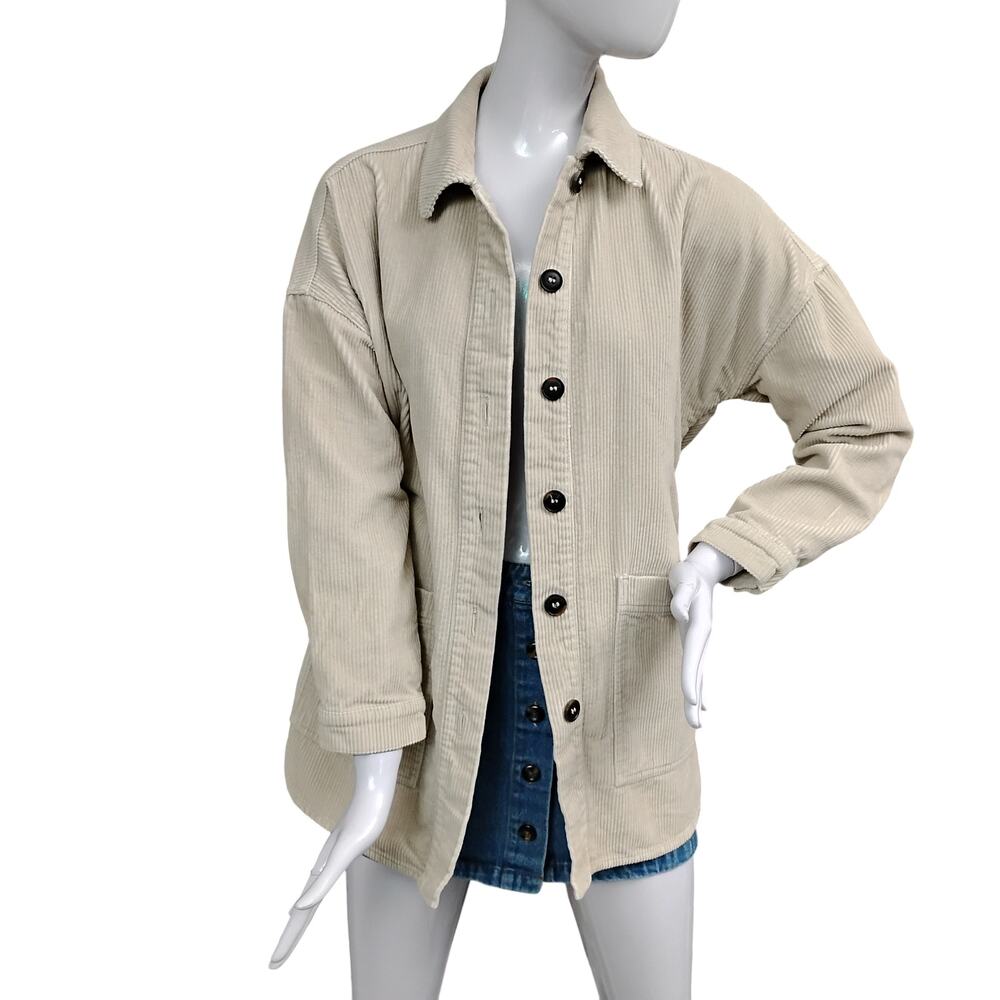 Denim Co. Corduroy Button Down Shirt Size 0 Oversized Beige Long Sleeve Pockets
